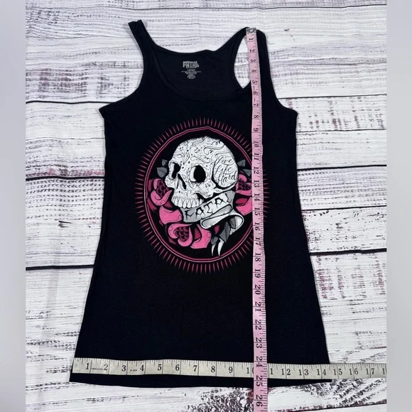 Vintage Y2K Fatal Black Graphic Skull Tank Top with Pink Accents Rockstar - Picture 7 of 8